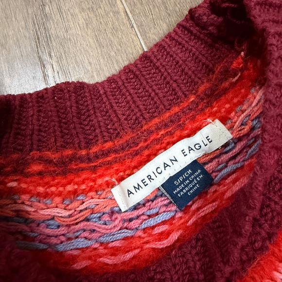 American Eagle Fair Isle Sweater Women Red Orange Pink Blue Cozy Pullover S - Picture 3 of 7